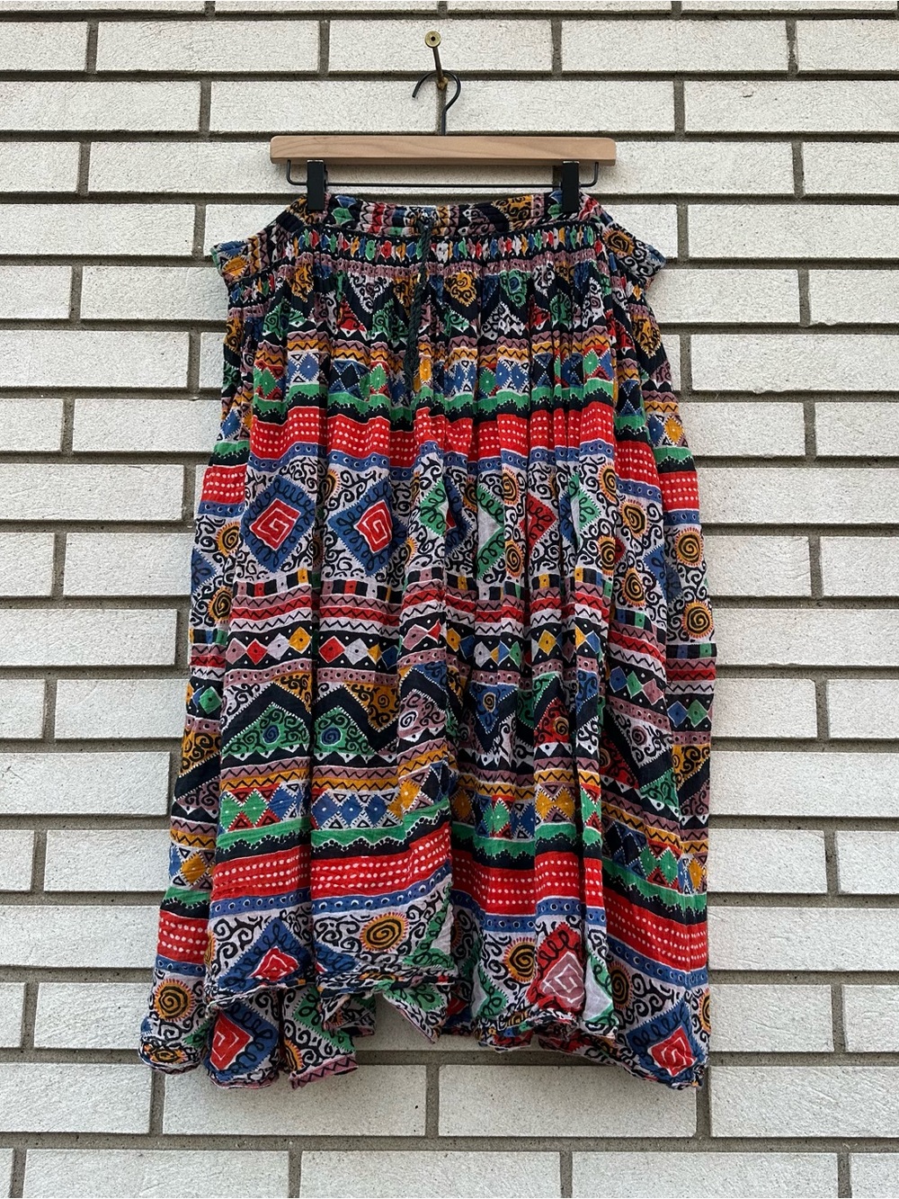 Just Class Vintage 90s Cotton Gauze Midi Skirt Abstract Tribal Boho Tie Waist S